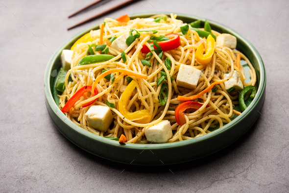 Paneer Hakka Noodles or schezwan noodles Stock Photo by stockimagefactory