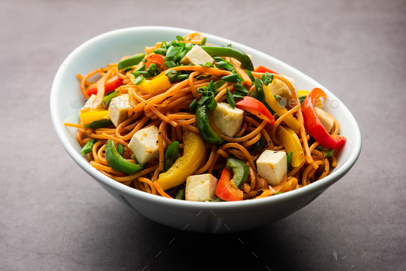 Paneer Hakka Noodles or schezwan noodles Stock Photo by stockimagefactory