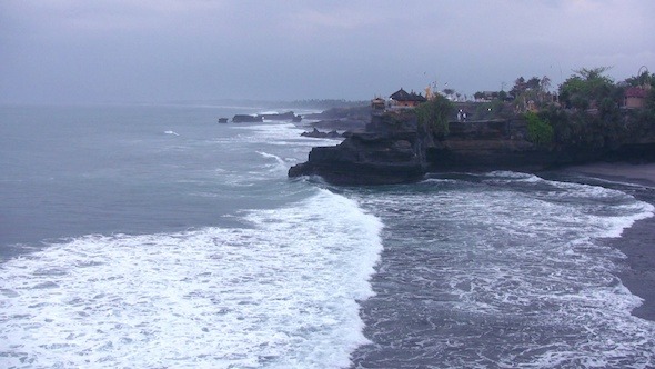 Aerial View Of Ocean Waves And Old Temple, Bali