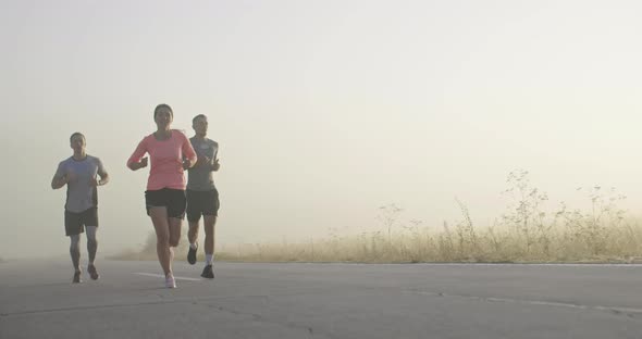 Multiethnic Group of Athletes Running Together on a Panoramic Countryside Road
