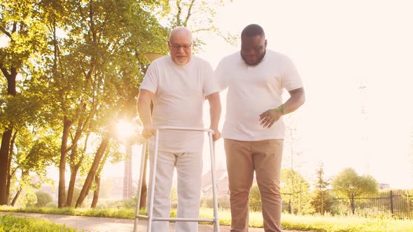 African-American caregiver is teaching disabled old man to walk with walker. Nurse and patient. alt