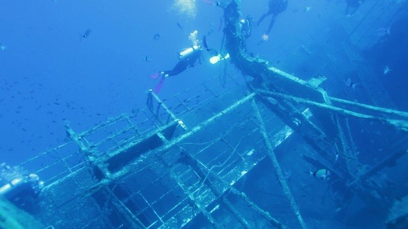 Diver Exploring Zenobia Shipwreck, Paphos, Cyprus