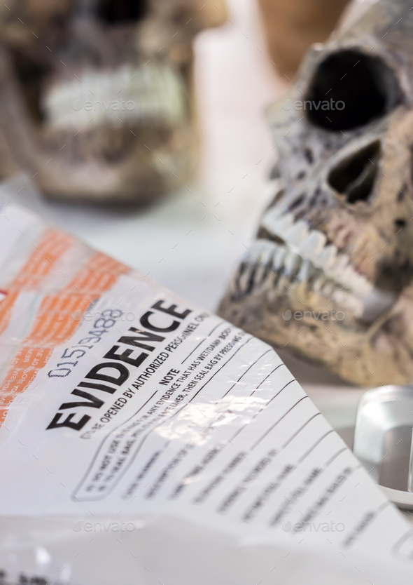 Skull of adult human next to an evidence bag in forensic laboratory, conceptual image.