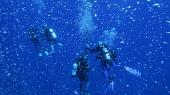 Group Of Divers With Many Air bubbles