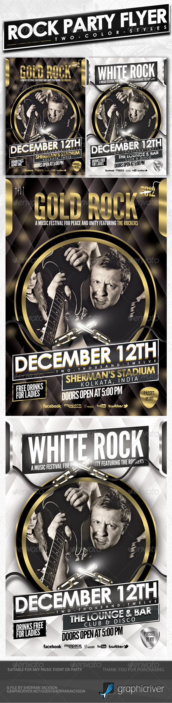Rock Party Flyer - Gold & White (Psd Template) - Clubs & Parties Events