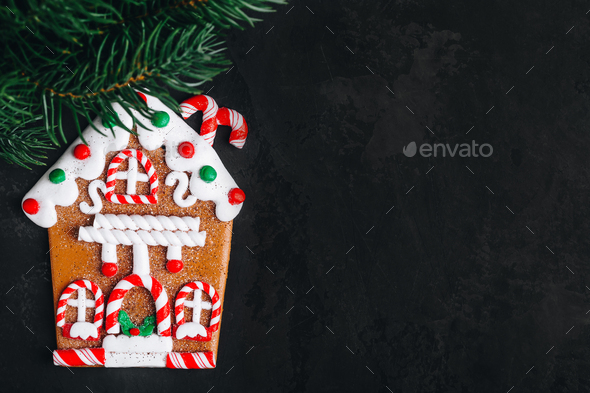 Gingerbread House Cookie. Homemade Gingerbread House Cookie with christmas fir tree branch - Stock Photo - Images