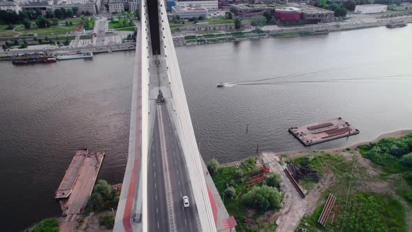Close Aerial Footage of the Cable Bridge in the City