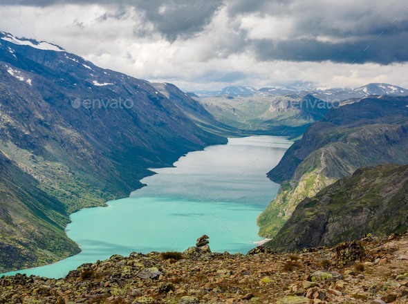 View lake gjende from the famous Besseggen hiking trail, Norway - Stock Photo - Images