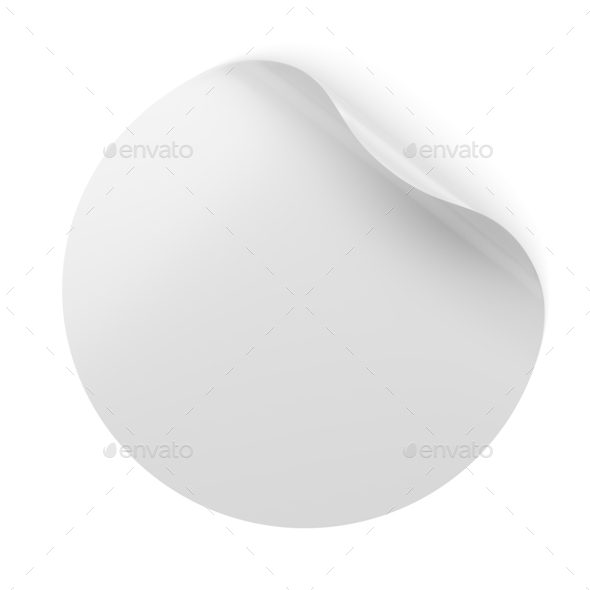White round adhesive sticker with curved corner. 3D rendering.
