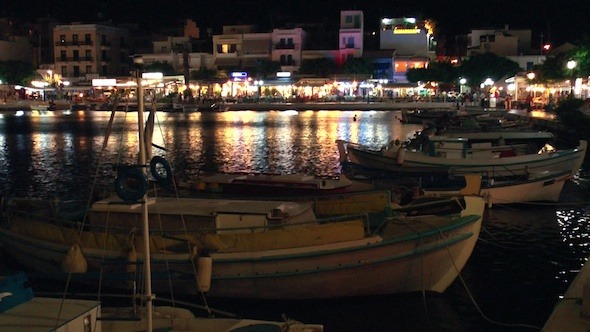 Boats In Voulismeni Lake At Night, Aghios Nikolaos