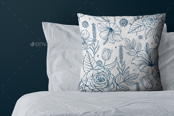 Floral pattern cushion cover, blue botanical realistic design