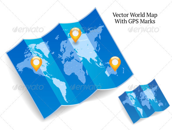 Blue Folded World Map With GPS Marks - Technology Conceptual