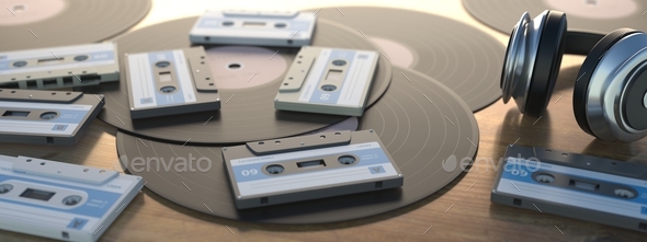 Retro audio cassette tapes and vinyl records on wooden table background, banner. 3d illustration