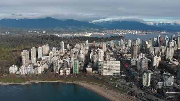 Various drone shots at English Bay near downtown Vancouver, BC during Polar Bear 2019 event alt