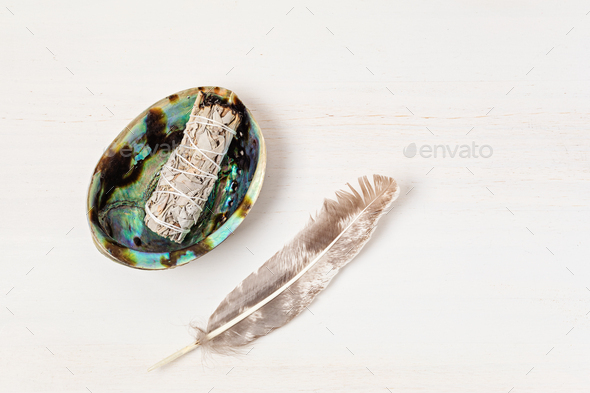 Smudge kit with white sage stick, abalone sea shell. Natural elements ...