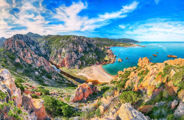 Captivating view of Li Cossi beach on Costa Paradiso resort. Stock ...