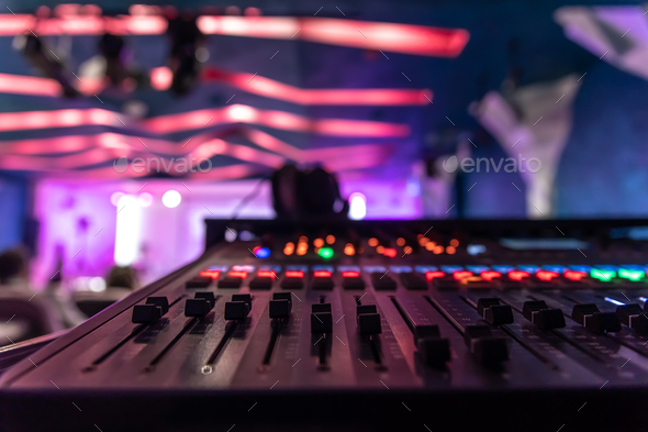 Close up, sound music mixer control panel on blurred background. Stock  Photo by puhimec