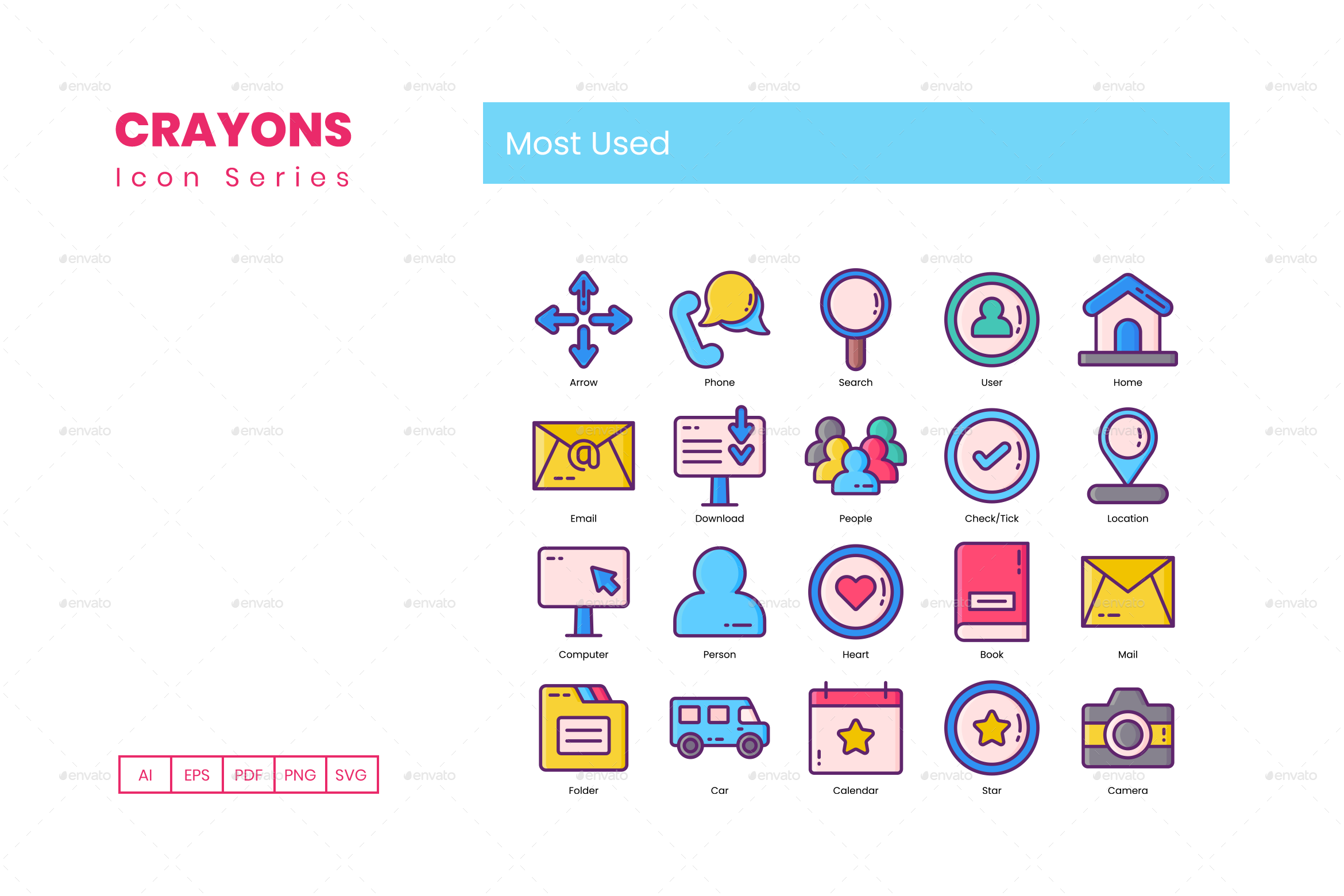 100 Most Used Icons - Crayons Series by Krafted | GraphicRiver