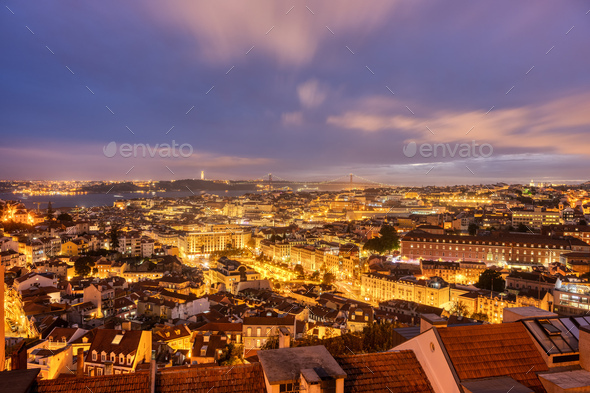 View over downtown Lisbon at night - Stock Photo - Images
