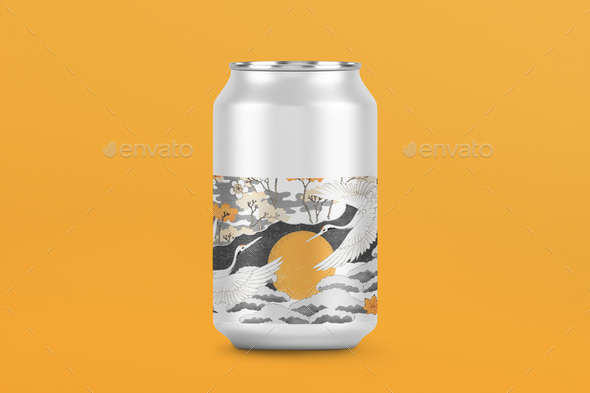 Japanese soda can, beverage packaging on orange background