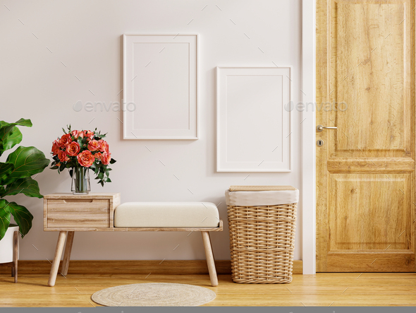 Mock up frame poster on wall and door storage bench with cream colored wall.