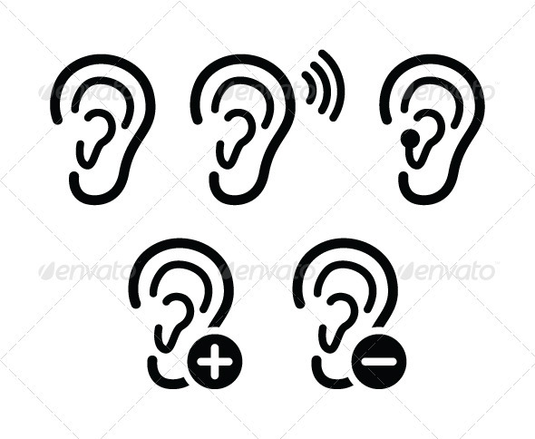 Ear hearing aid deaf problem icons set - People Characters