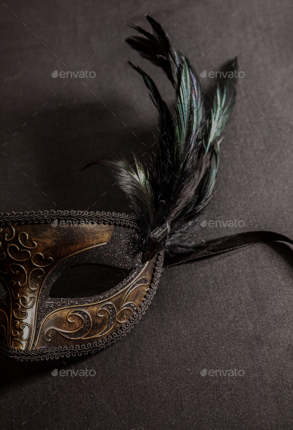 Black and Gold Masquerade Party Background Feather Mardi Gras Mask