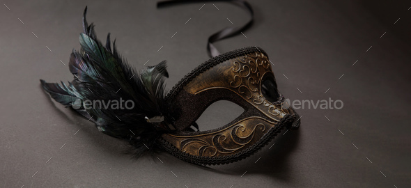 Black and Gold Masquerade Party Background Feather Mardi Gras Mask