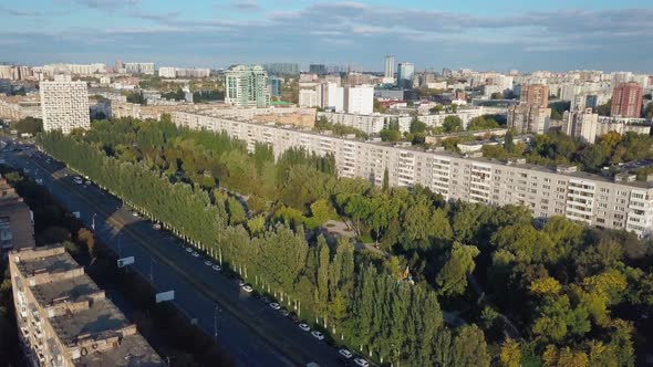 Aerial Panoramic Shot of Modern Russian City Samara in Sunny Evening, Sportive Open Area in Park