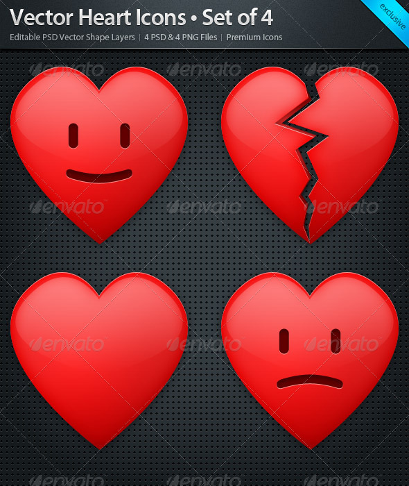 Vector Heart Icons - Set of 4 w/ Bonus Background - Web Icons