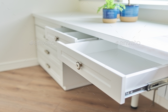 Furniture, white table, open top secretaire drawer