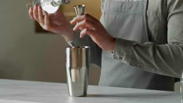 Closeup Professional Bartender Pours Rum Into a Shaker Making a Classic Cocktail in a Modern Trendy alt