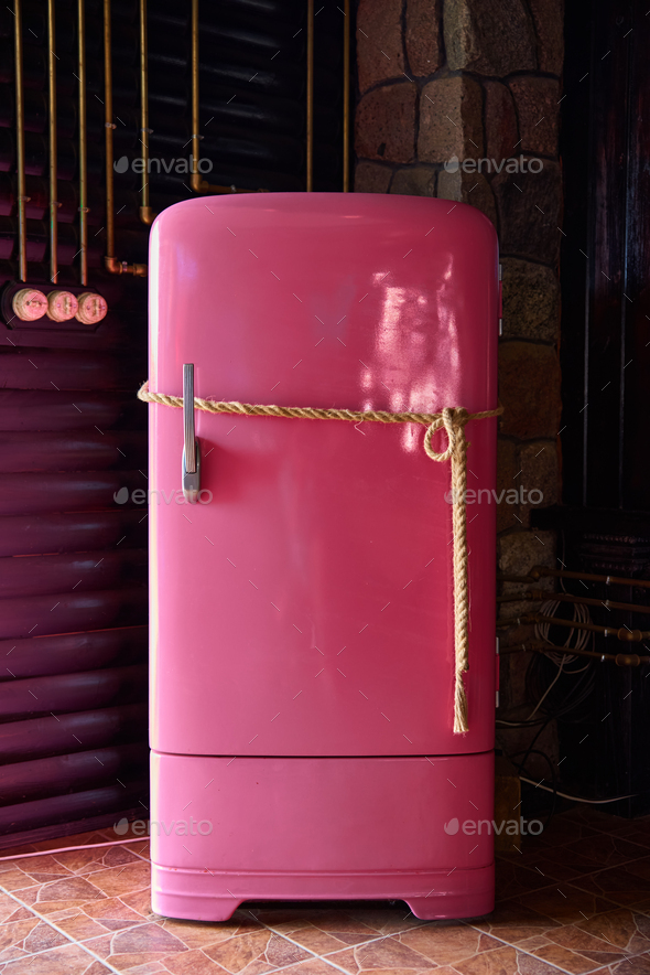 Vintage pink fridge tied with a rope