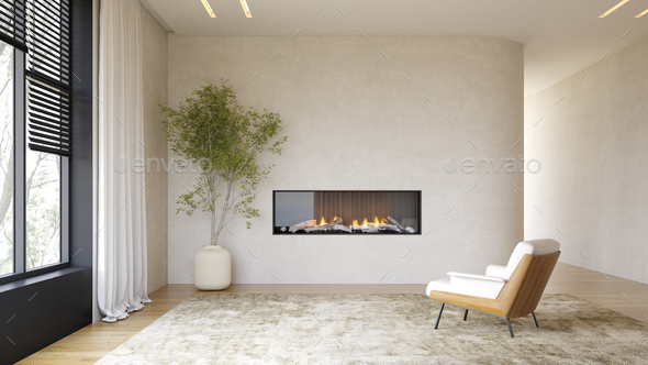 Interior of modern living room with fireplace - Stock Photo - Images