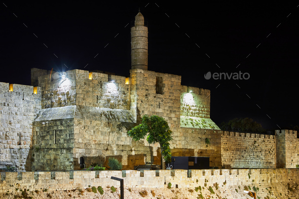 View of the King David s tower in Old Jerusalem city at night