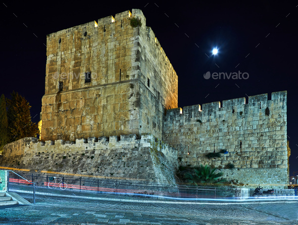 View of the King David s tower in Old Jerusalem city at night