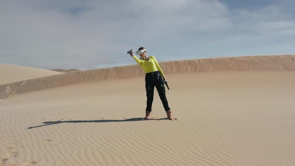 Professional Beautiful Female eSports Gamer Plays VR Shooting Video Game Outdoor alt