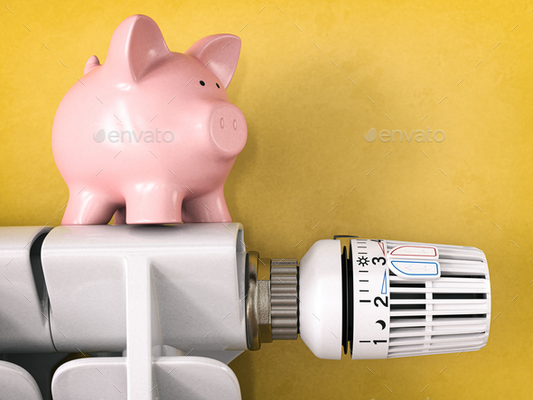 Piggy bank on radiator with radiator thermostat valve. Energy consumption saving concept.