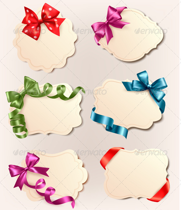 Set of Retro Labels with Red Gift Bows and Ribbons - Christmas Seasons/Holidays