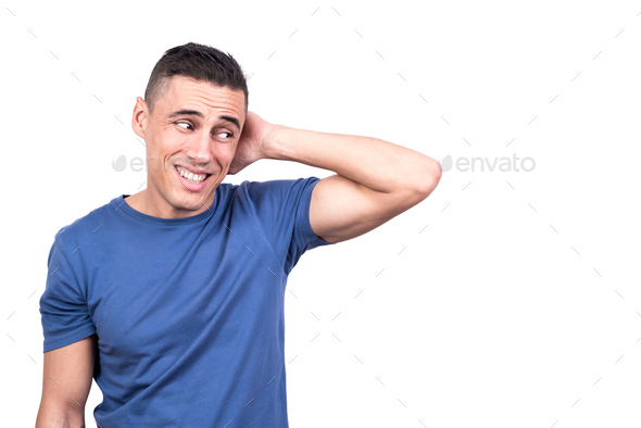 Shy man with his hand on his neck dissimulating - Stock Photo - Images