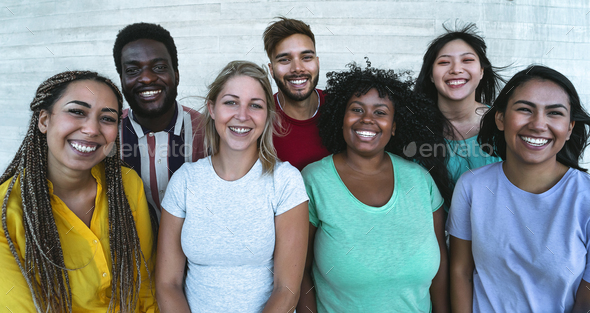 Group multiracial friends having fun outdoor - Young people from different culture and race - Stock Photo - Images