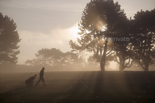Side vie of man walking past trees across golf course at twilight, pulling golf trolley.