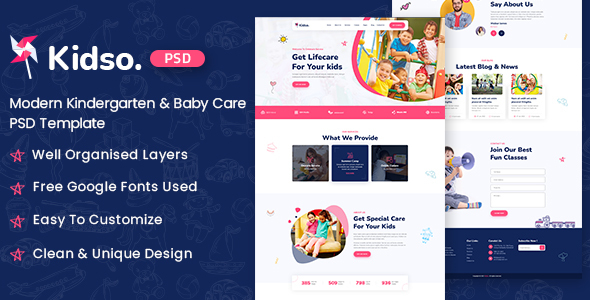 Kidso - Modern Kindergarten & Baby Care PSD Template