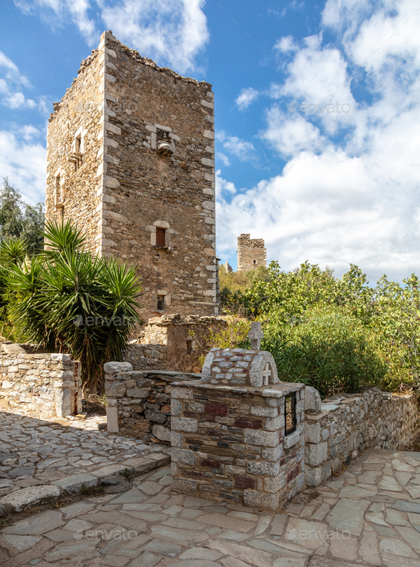 Stonewall tower houses at Vatheia Vathia village Mani peninsula Laconia
