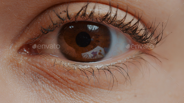 Brown eye with mascara on eyelashes blinking in front of camera - Stock Photo - Images