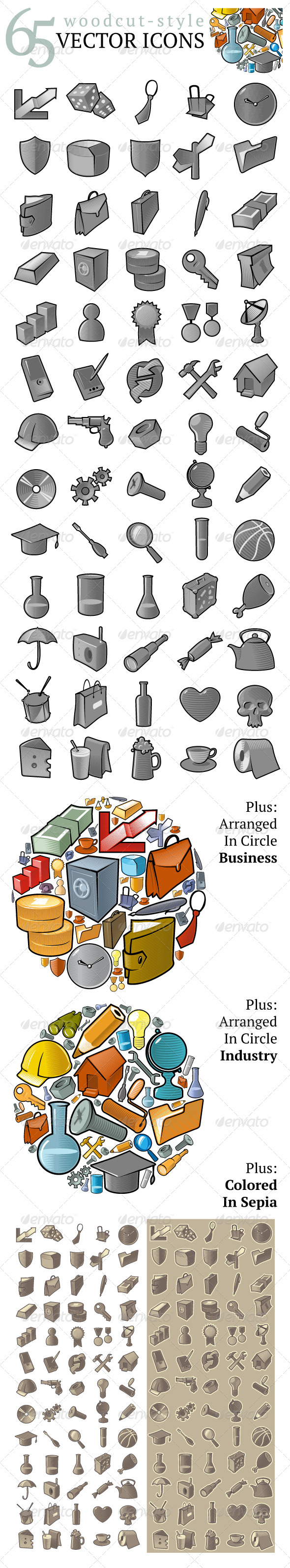 65 Woodcut-Style Vector Icons - Web Icons