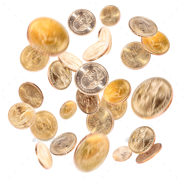 Falling golden dollar coins - Stock Photo - Images