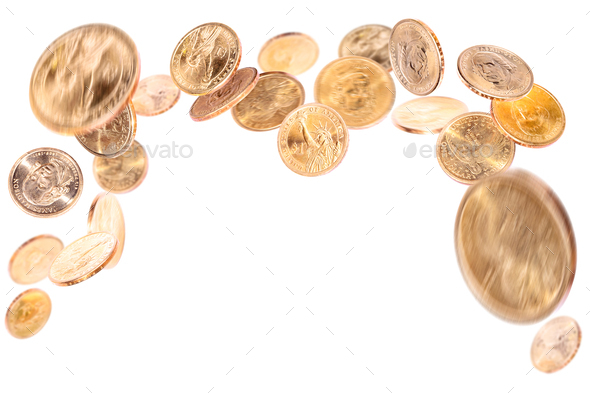 Falling golden dollar coins - Stock Photo - Images