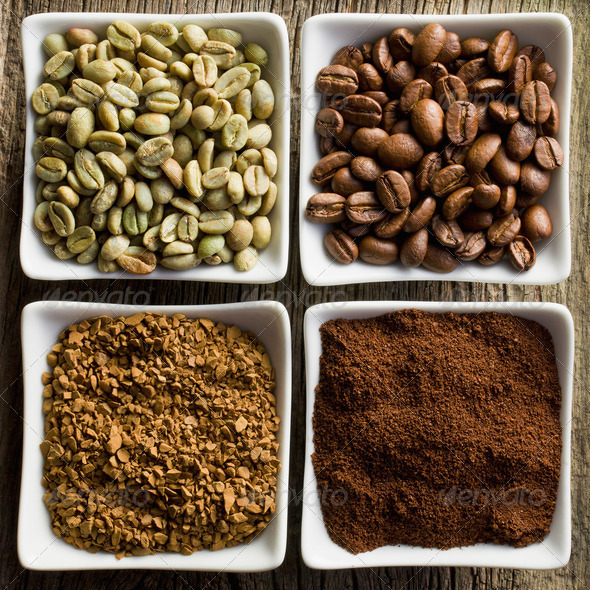 green, roasted, ground and instant coffee - Stock Photo - Images