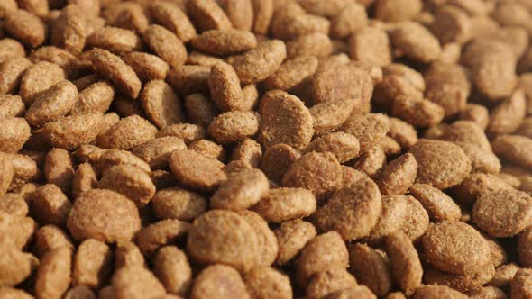 Close-up of dry  pet pellets on pile 4K 2160p 30fps UltraHD panning footage - Heap of cat or dog foo alt